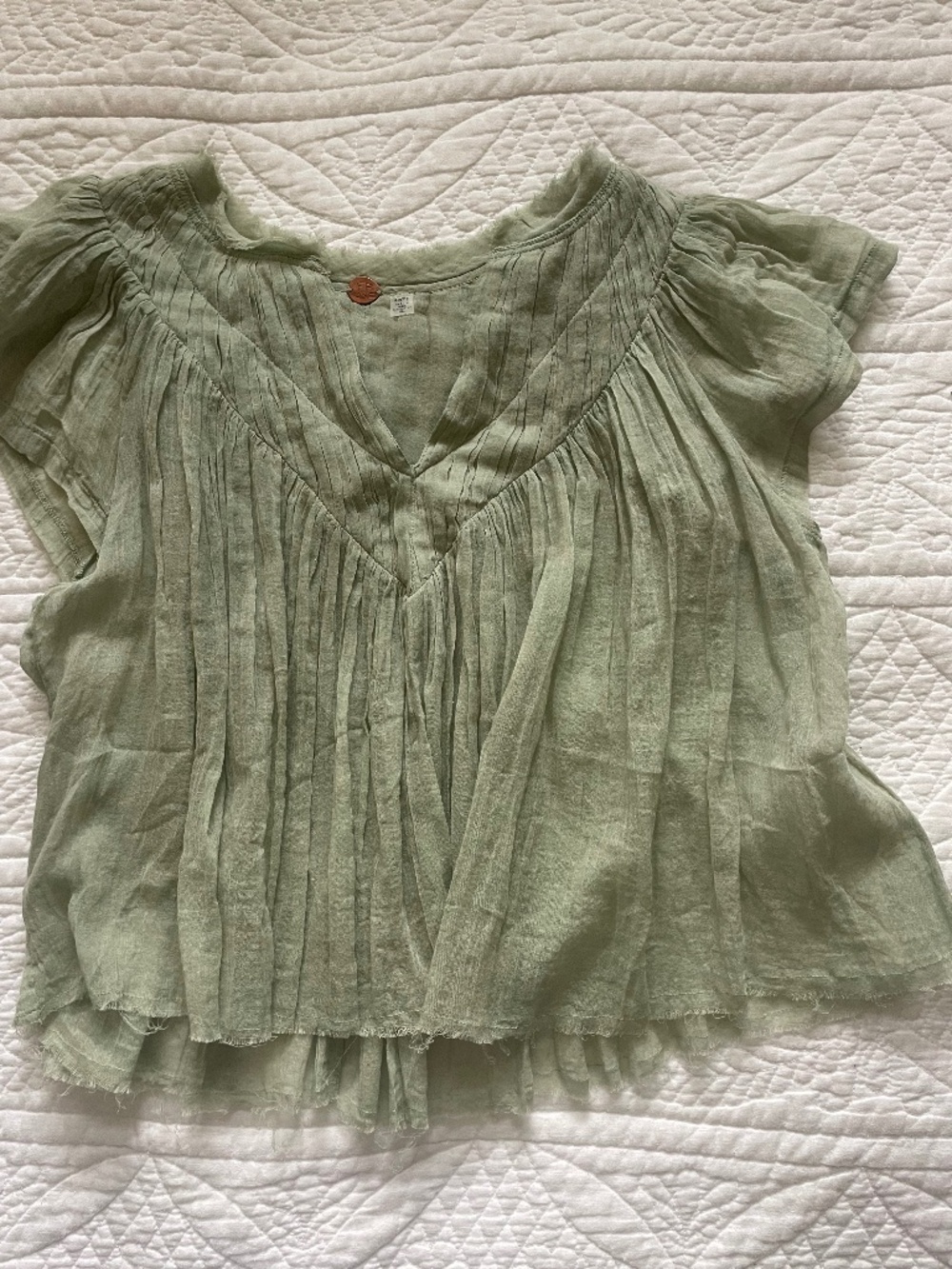 Free People Light Sage Pleated Gauze Blouse